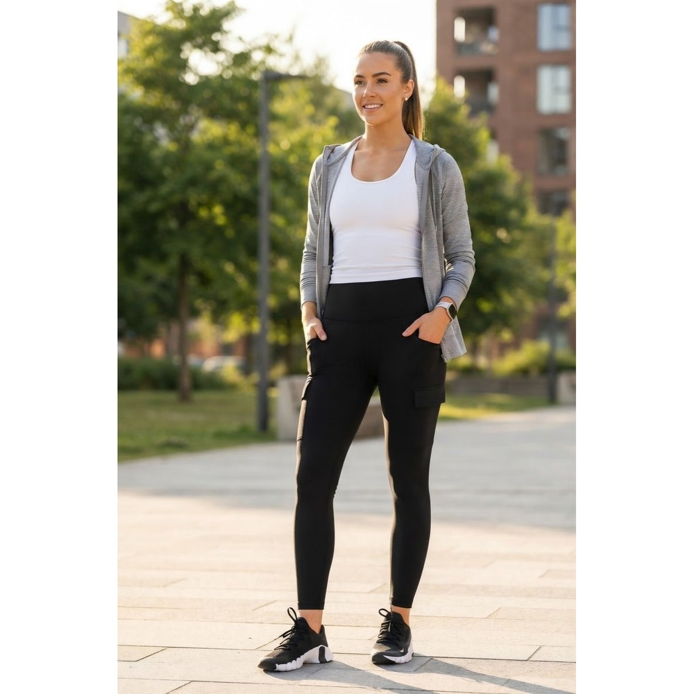 Old Navy Active PowerPress High-Rise Cargo Leggings Black Go-Dry Medium